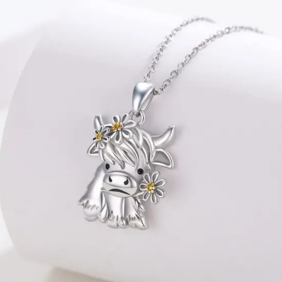 Jewelry - Cute Cow with Flower Pendant Necklace